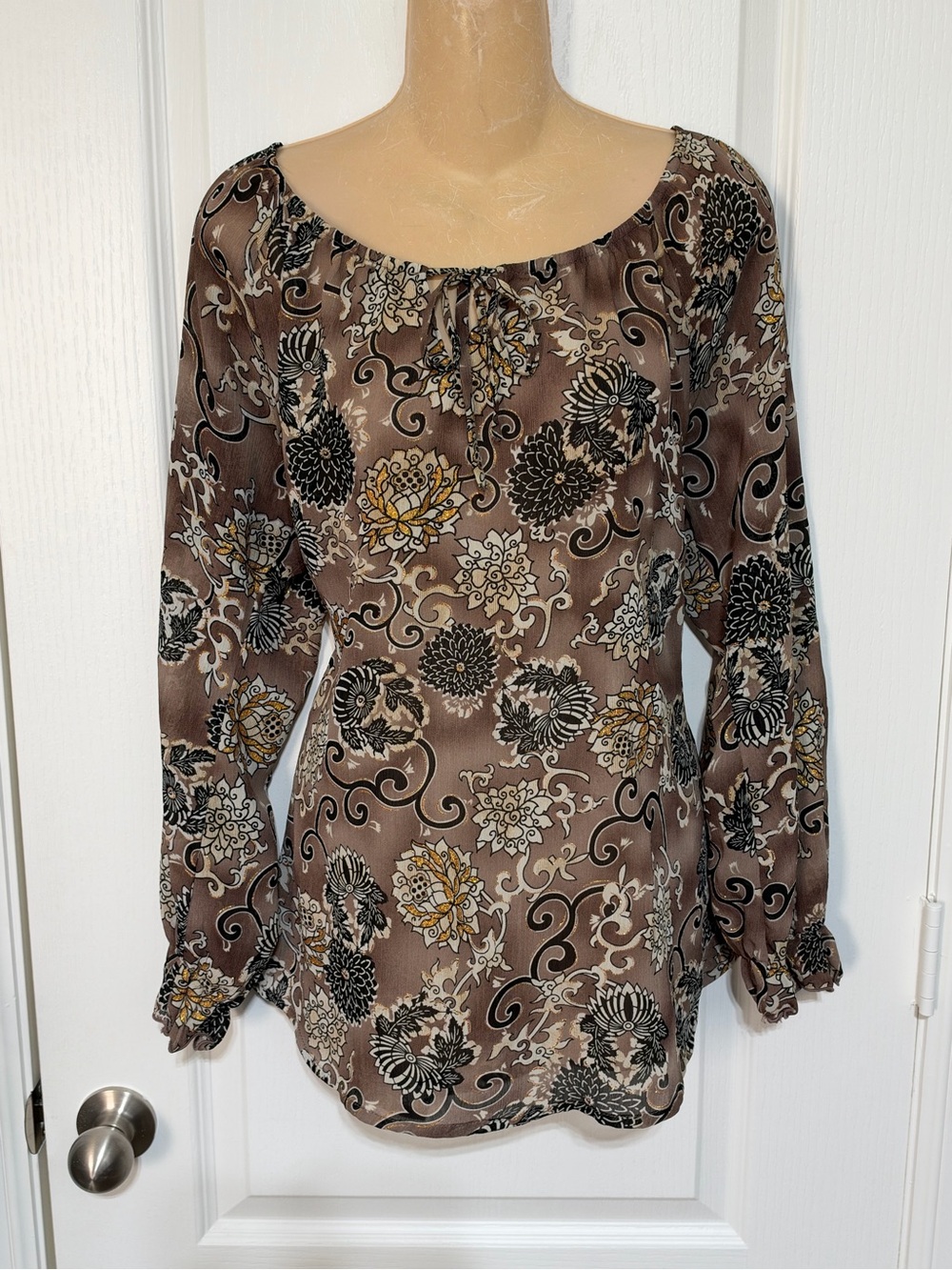 Cato Brown Floral Tie-Neck Peasant Blouse